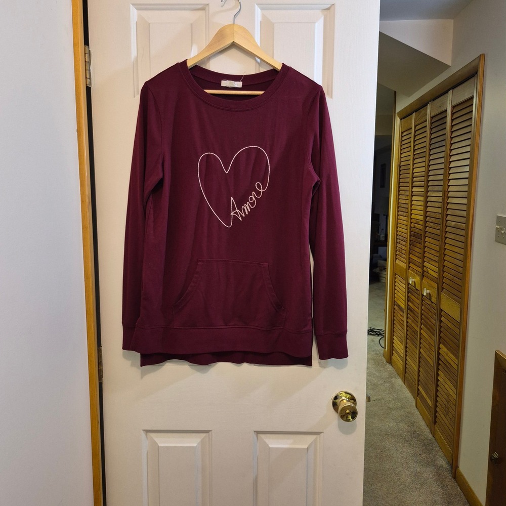 C Wonder Womens Amore Heart Graphic Sweatshirt Burgundy Maroon M Kangaroo Pocket